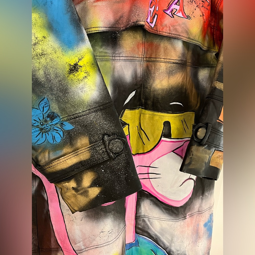 Custom Hand Painted Pink Panther Leather Trench Coat - Picture 8 of 12